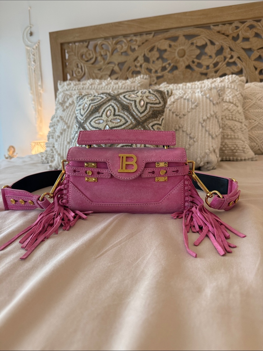 B Buzz 19 Balmain Fuchsia Suede Mini Fringe Shoulder Bagguette Bag